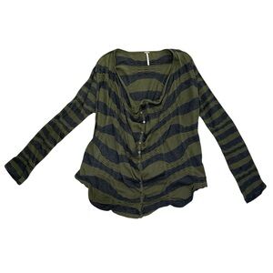 Free People LRG Olive & Gray Striped Crumbled Ruched Cardigan